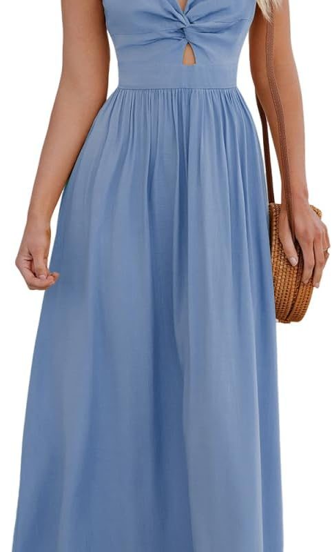 Women Casual Beach Sleeveless V-Neck Summer Cutout Spaghetti Strap Formal Maxi Sundress