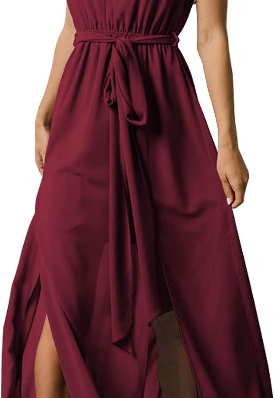 Women's Long Boho Maxi Chiffon Dress for Beach Vacation Sleeveless V-Neck Double Split Wedding Guest Dress