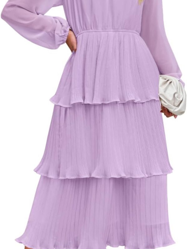 Women's Long Sleeve Crew Neck Ruffle Tiered Layered Chiffon Flowy Swing Long Midi Dress