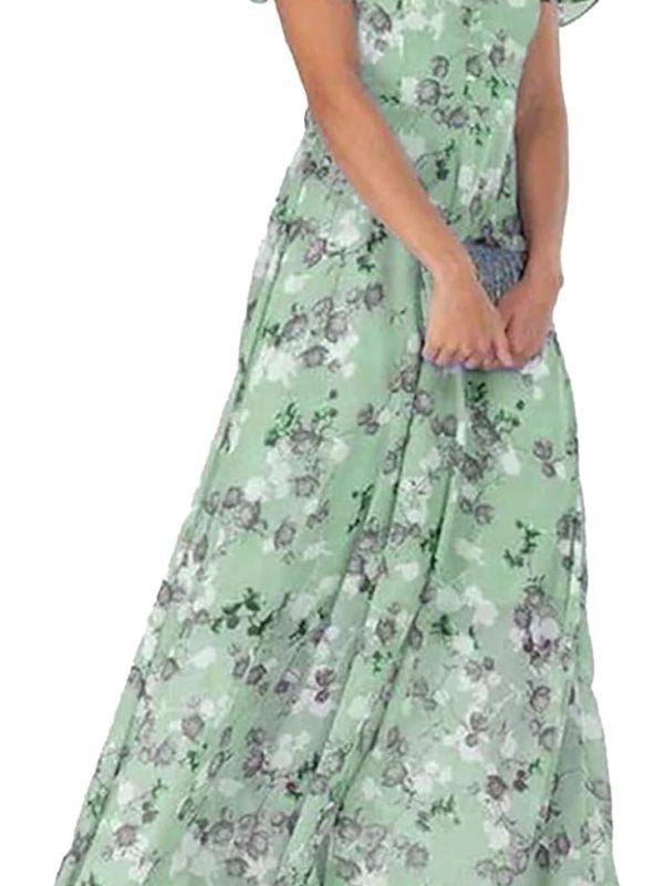 Women's Elegant Boho Floral Chiffon Maxi Dress Casual Summer V-Neck Ruffle Short Sleeve Flowy Dress