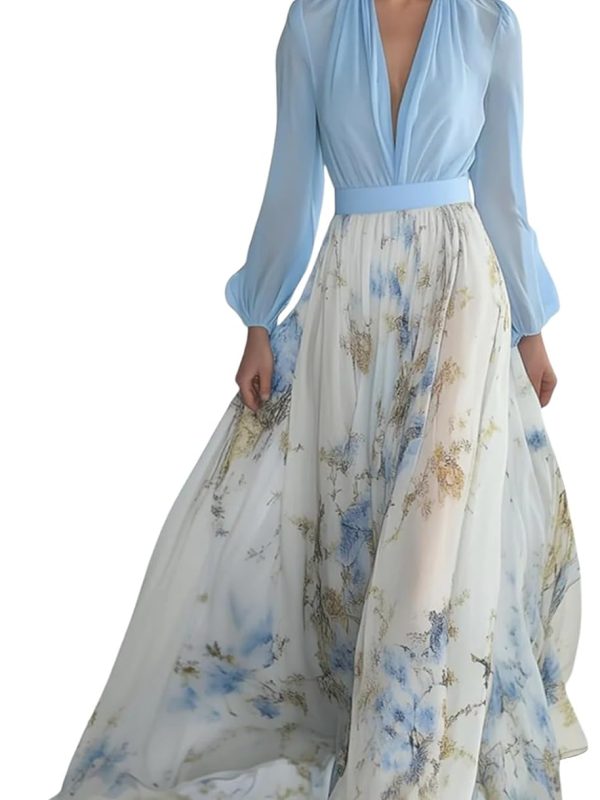 Dresses for Women V-Neck Chiffon Dress Elegant Boho Floral Long Sleeve Flowy Summer Pleated Waist Maxi Dress