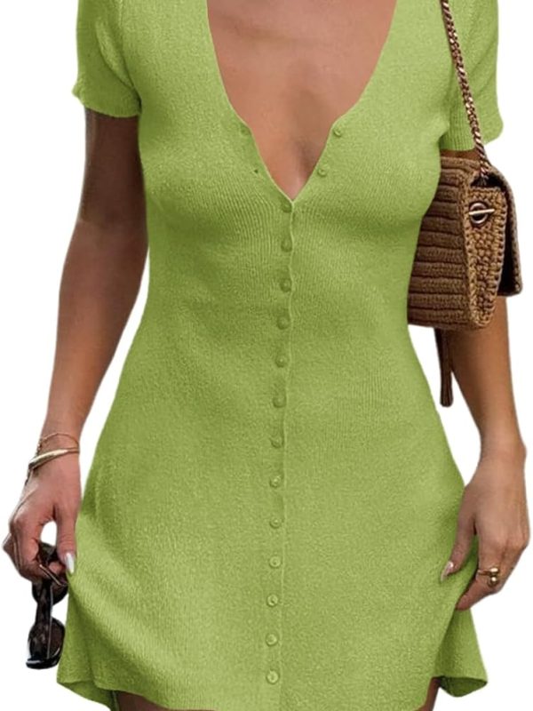 Women's Short-Sleeve Mini Dress — Deep V-Neck Button-Front Knit Style; Summer Ribbed-Knit A-Line Dress with Flared Sleeves
