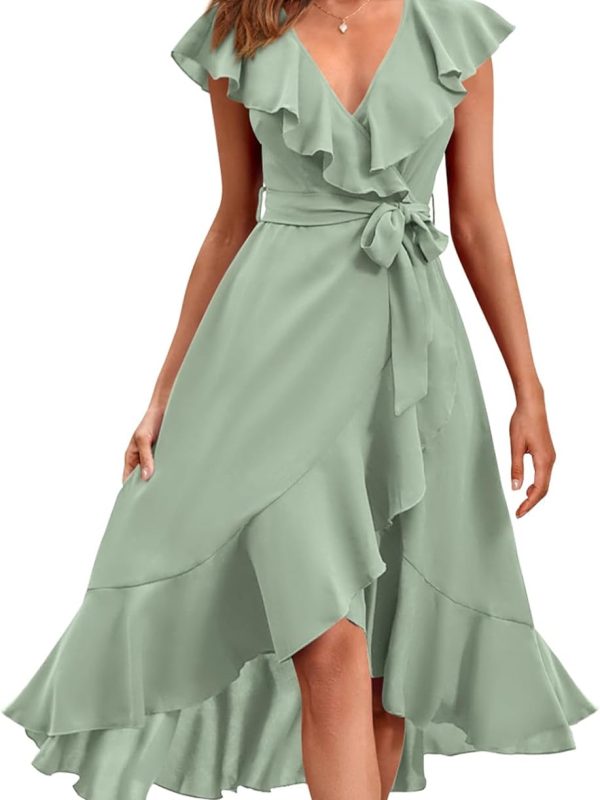 Women's Summer Cross Midi Dress Casual Boho Deep V-Neck Short Sleeve Ruffle Hem Split Beach Long Dress
