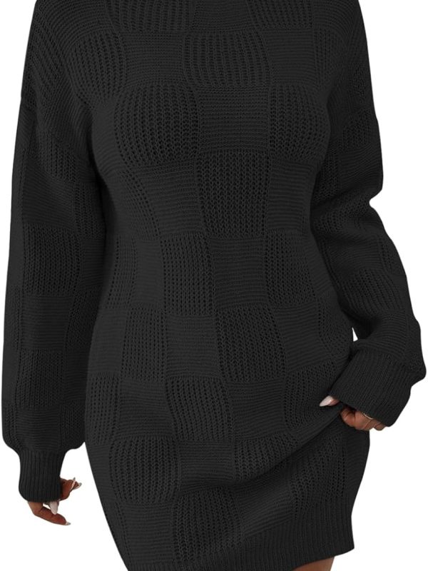 Women's Mock Neck Sweater Dress Lantern Long Sleeve Loose Plaid Cocktail Party Knit Mini Dress
