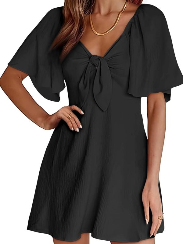 Women Dresses Summer Fall Deep V-Neck Elegant Bow Tie Mini Dress