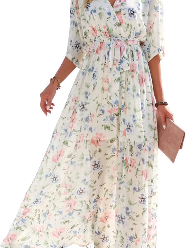Women's Summer Loose Boho Flowy Wrap V-Neck 3/4 Sleeve Floral Print Slit Beach Wedding Guest Long Maxi Dress