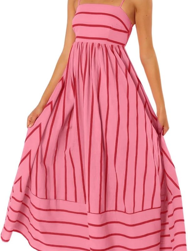 Women Striped Back Smocked Maxi Dress Spaghetti Strap Cut Out Flowy Swing Long Dress