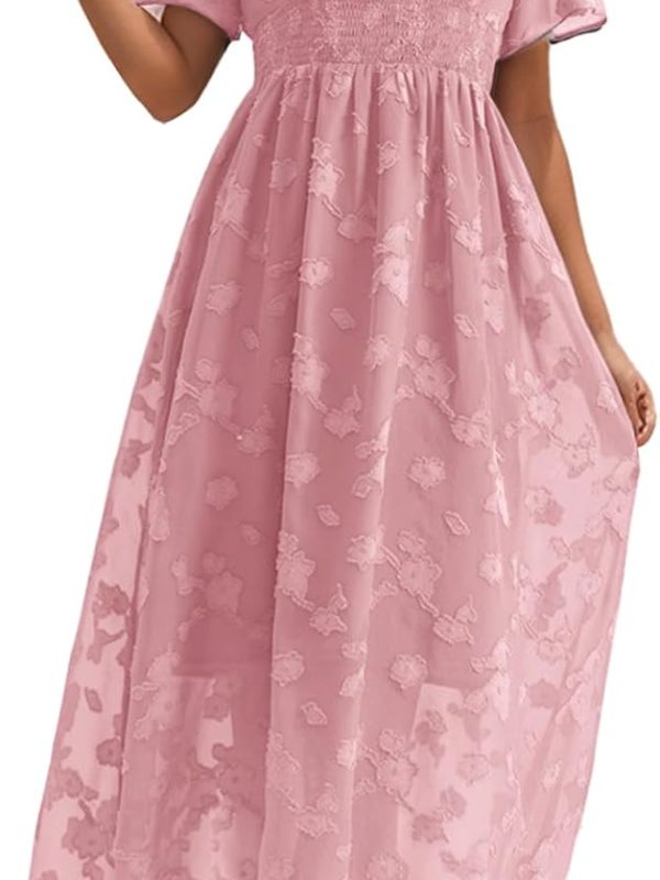 Women's Summer Casual Midi Dress Short Sleeve Smocked Floral Dress Elastic Waist V-Neck Wedding Guest Dress