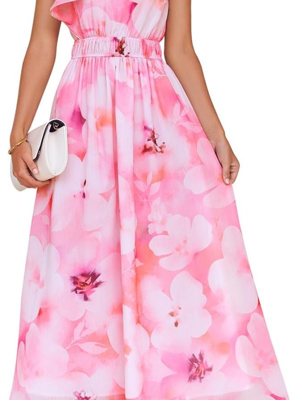 Women's Boho Floral Sleeveless Maxi Dress Ruffle One Shoulder Elastic High Waist Beach Party Long Dress