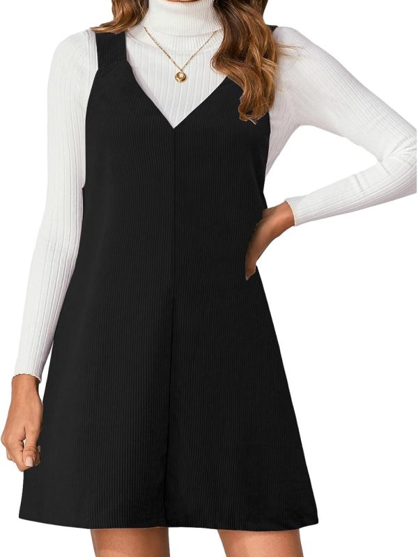 Women V-Neck Corduroy Overall Dress Fall Mini Pinafore Jumper Dress