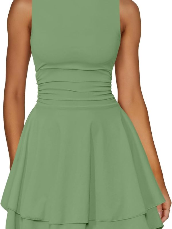 Women Ruffle Hem Boat Neck Mini Dress Sleeveless Ruched Corset Short Party Dress
