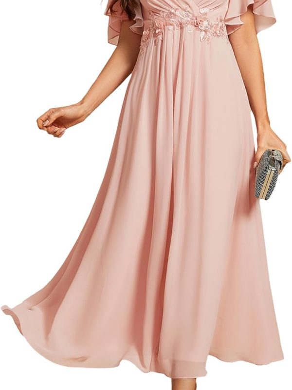 Women's Cocktail Dress V-Neck A-Line Elastic High Waist Wedding Guest Evening Party Maxi Dress