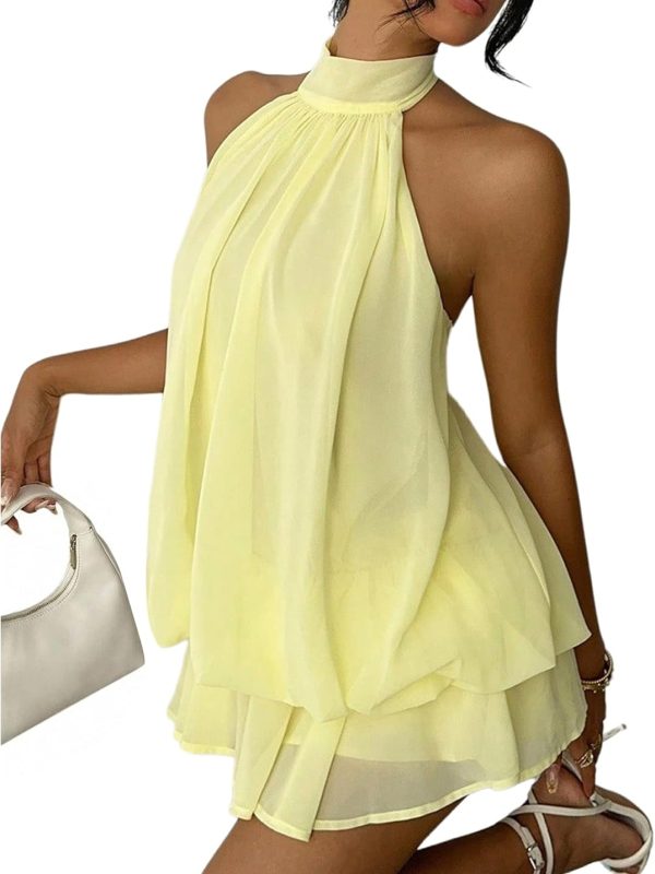 Women's Chiffon Halter-Neck Dress with Low Waistline — Wedding Guest Outfit; Ruffled Summer Mini Dress for Brunch Gatherings