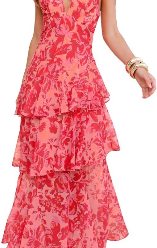 Women's Deep V-Neck Maxi Dress Floral Backless Ruffles Hem Cocktail Party Long Dress