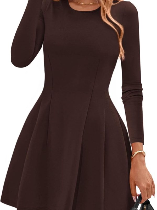 Long Sleeve Mini Dress for Women Fall Crewneck Knit Pleated Babydoll A-Line Soft Casual Short Party Dress