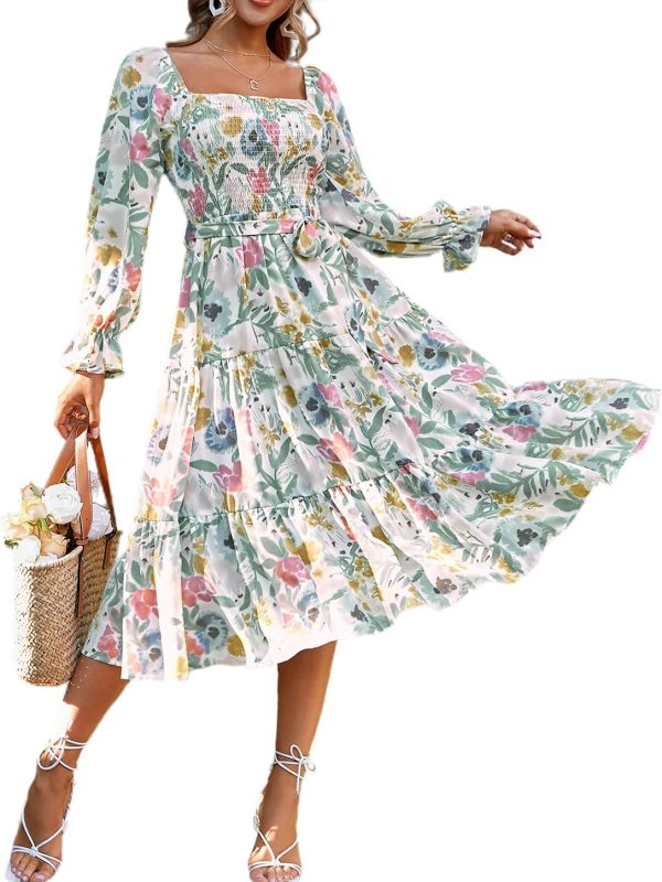 Women's Boho Flowy Long Sleeve Square Neck Floral Midi Dress Smocked Spring Fall Wedding Guest Dress