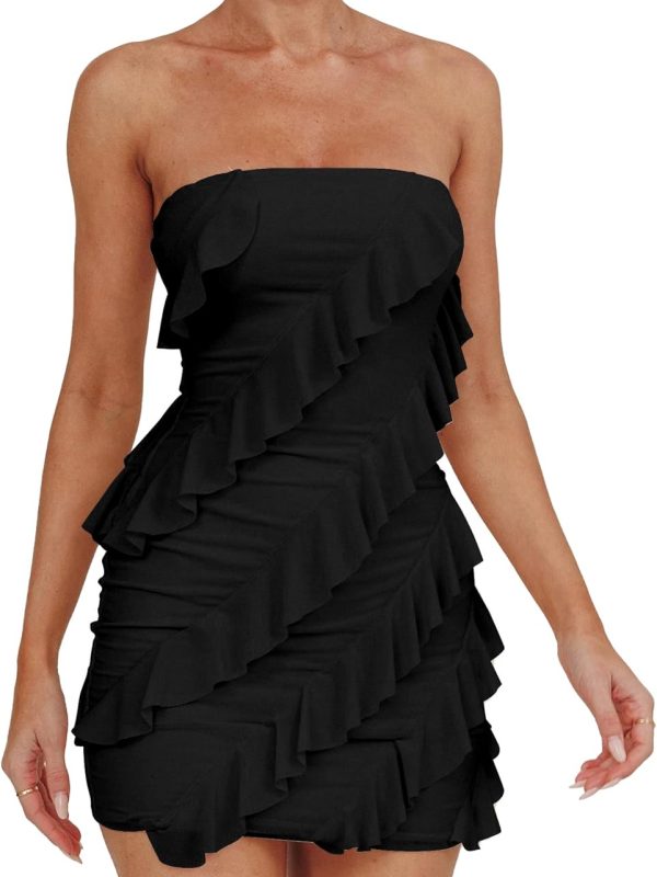 Women's Strapless Bodycon Mini Party Dress with Ruffled Details