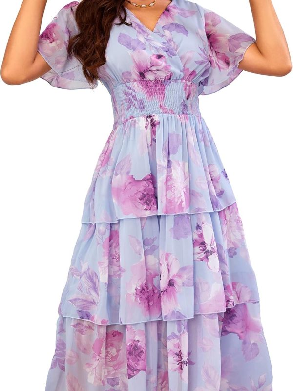 Women's Floral V-Neck Ruffle Tiered Layered Chiffon Flowy Swing Long Midi Dress Short Sleeve Smocked Dress
