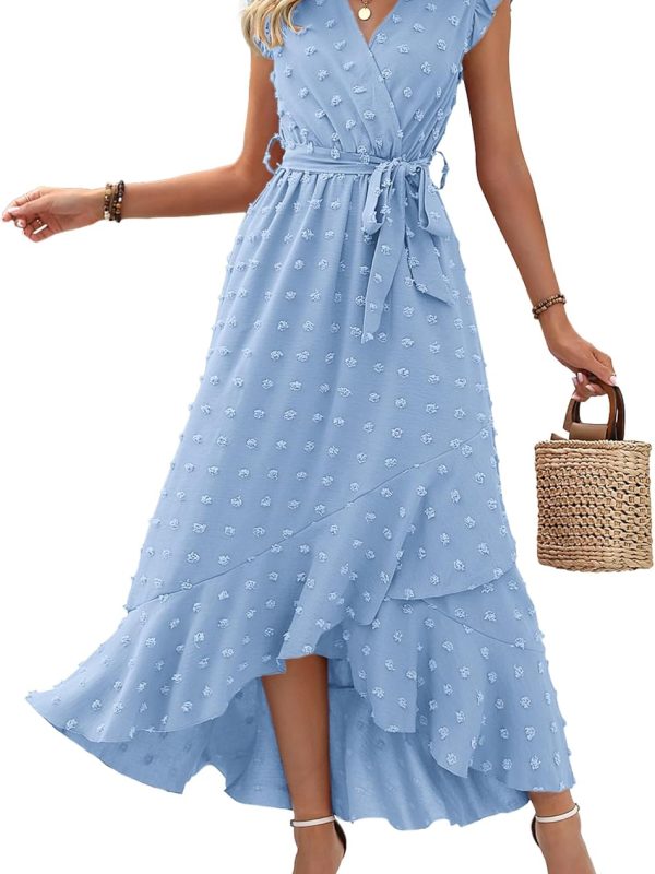 Women V-Neck Summer Dress Cap Sleeve Swiss Dot Boho Flowy Ruffle Slit Beach Party Long Maxi Dress