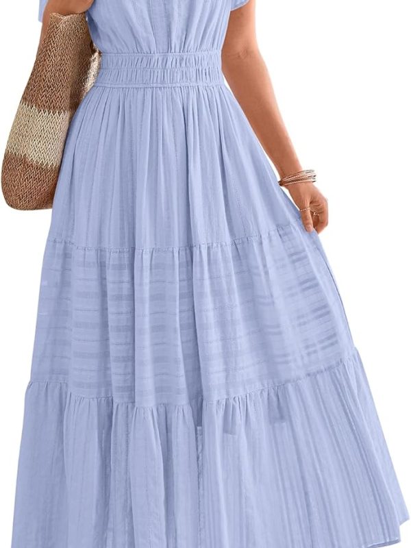 Women's Summer Casual Midi Maxi Dress Lightweight Short Sleeve V-Neck Elastic Waist Boho Beach Dress with Pockets