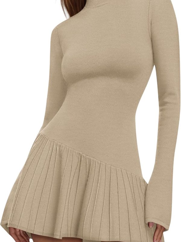Women's Sweater Dress Crochet Ribbed Knit Ruffle Hem Flared Long Sleeve Mock Neck Dress