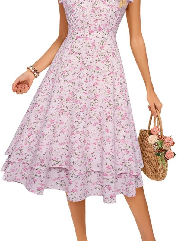 Women's Dresses Summer Short Sleeve Ruffle Floral V-Neck Flowy A-Line Casual Tiered Wedding Guest Midi Sundress