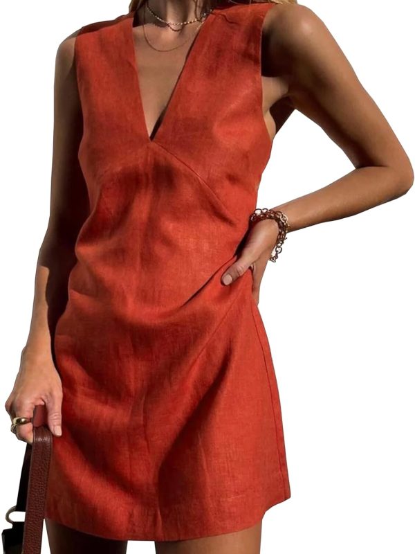 Women Summer Cotton Linen V-Neck Short Dress Sleeveless Mini Dress Casual A-Line Tank Sundress