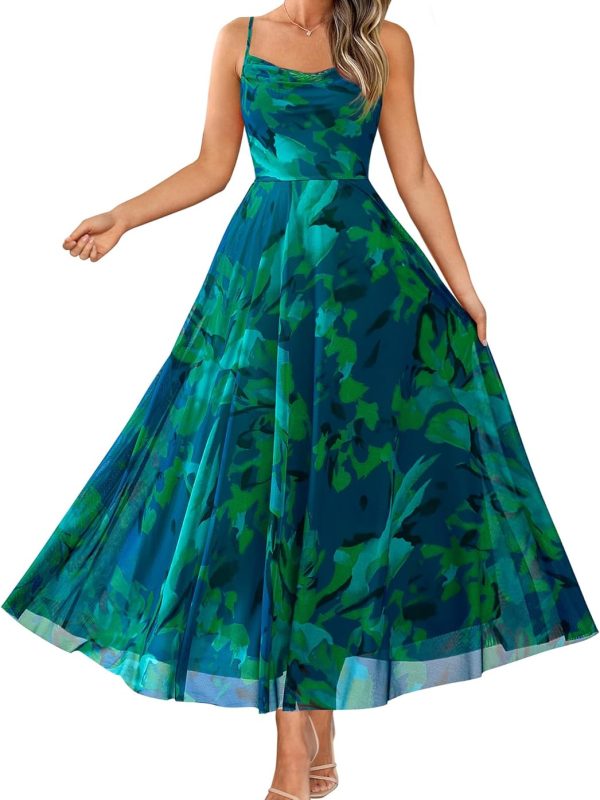 Women Summer Floral Maxi Dress Elegant Spaghetti Strap Printed Party Beach Long Dress