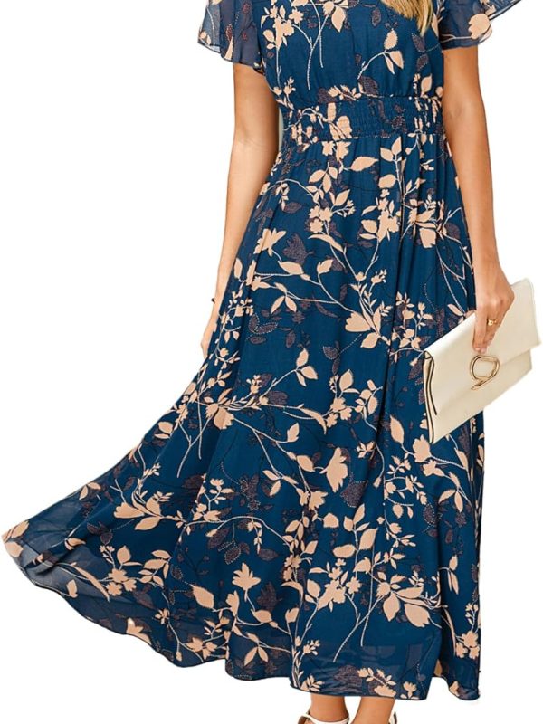 Women's Floral Maxi Dress — Short Sleeve Summer Boho Wedding Guest Dress Empire Waist Chiffon Modest Midi Dress