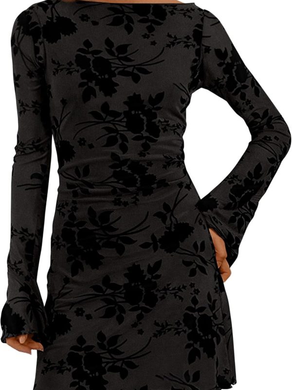 Women's Fall Fashion Floral Long Sleeve Dress Mesh Bodycon Short Party Dress