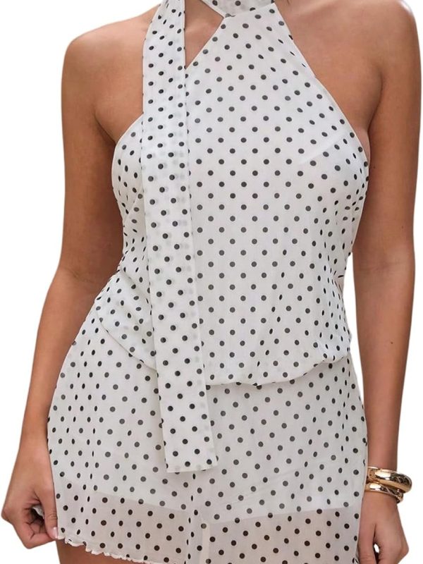 Women's Polka Dot Mini Dress: Backless, Sleeveless, Halter-Neck A-Line Silhouette — Summer Party Attire