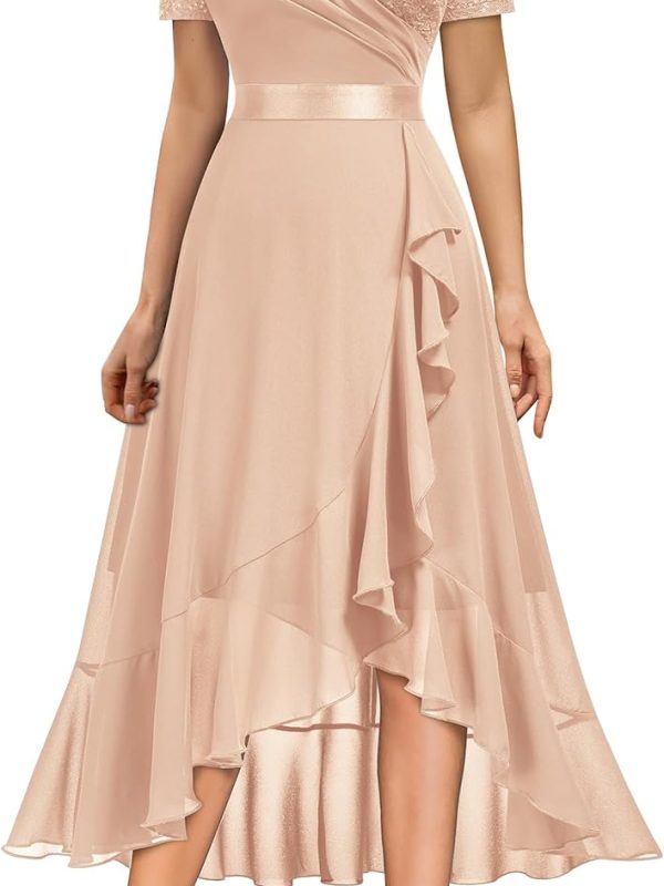 Women's Elegant V-Neck Contrast Sequin Lace Chiffon Ruffle Split Evening Party Dress