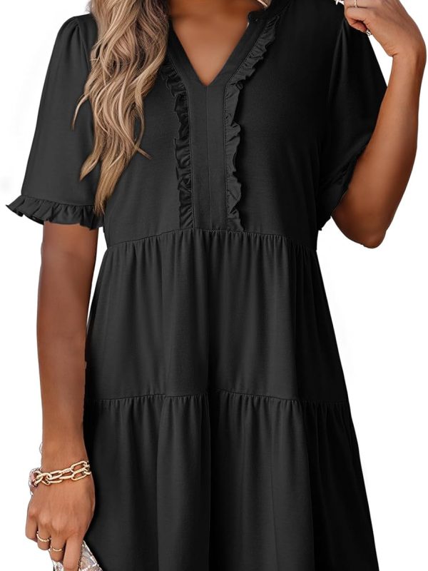 Women Dresses Summer Spring V-Neck Short Sleeve Casual A-Line Flowy Swing Shift Mini Dress