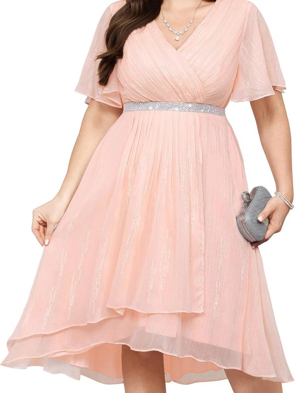 Women Plus Size Cocktail Dress — Formal Wedding Guest High Low Pleated Wrap V-Neck Dress