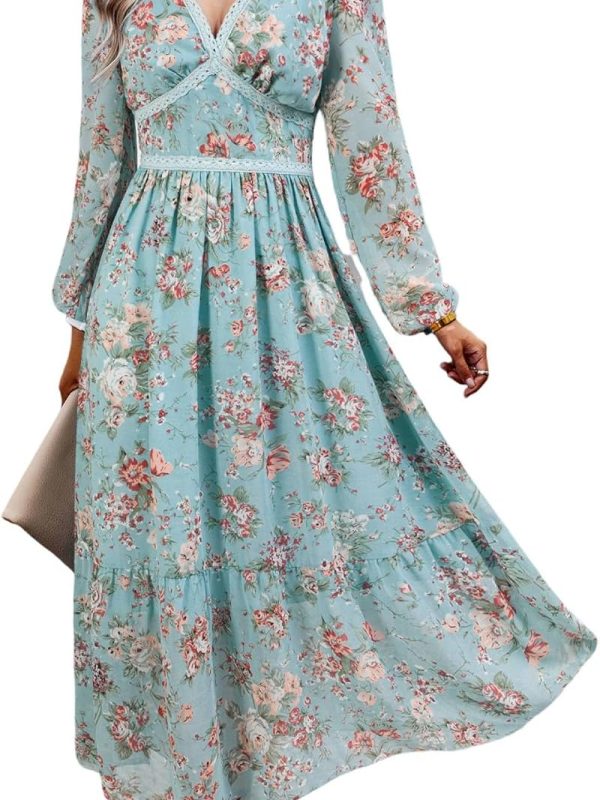 Women's Spring Wrap Maxi Dress Floral V-Neck Long Sleeve Wedding Guest Party Casual Chiffon Dress