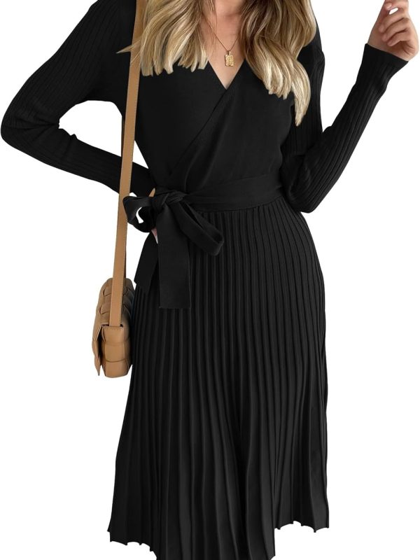 Women's Fall Long Sleeve Wrap V-Neck Ribbed Knit Pleated A-Line Pullover Sweater Dress with Belt