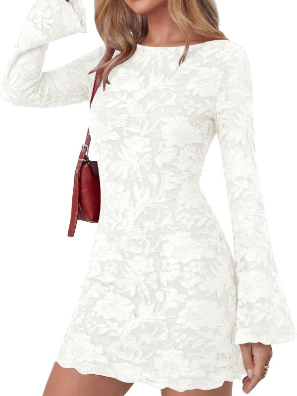 Women's Fall Fashion Floral Long Sleeve Mini Dress Mesh Bodycon Short Party Dress
