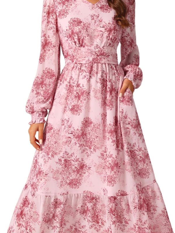 Women's Long Sleeve Floral Dress V-Neck Boho Ruffle Tiered Flowy Chiffon Midi Dress with Pocket