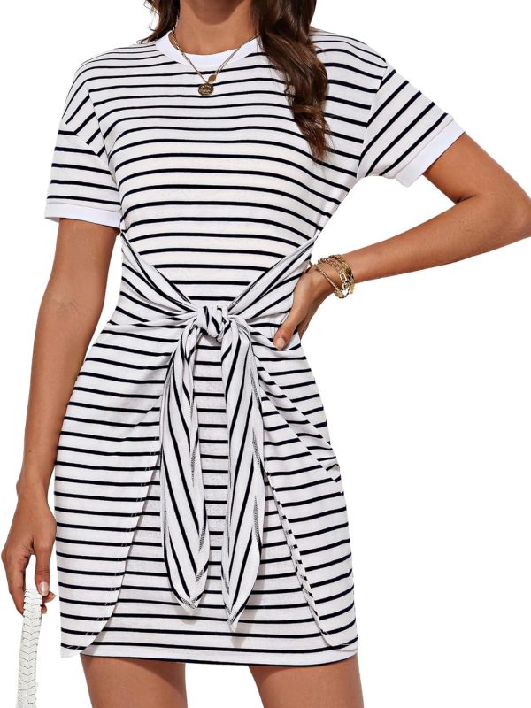 Striped Shirt Dress Front Tie Crewneck Wrap Dress Short Sleeve Casual Mini Bodycon Dress