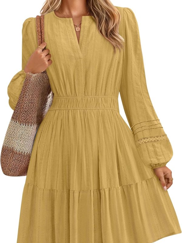 Long Sleeve V-Neck Mini Dress for Women Fall High Waist Ruffle Pleated A-Line Cocktail Party Short Dress