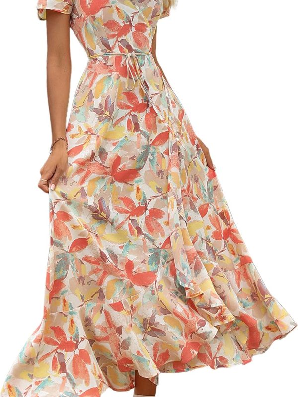 Women's Summer Maxi Dress Casual Wrap Floral Boho Short Sleeve V-Neck Split Ruffle Beach Long Dress