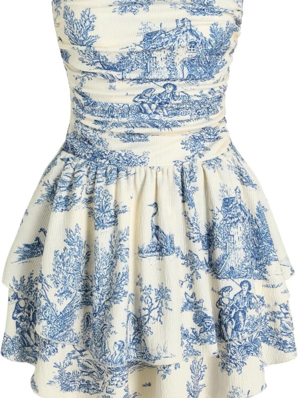 Women's Summer Cocktail Dress — Strapless, Ruched, Ruffled Mini Dress