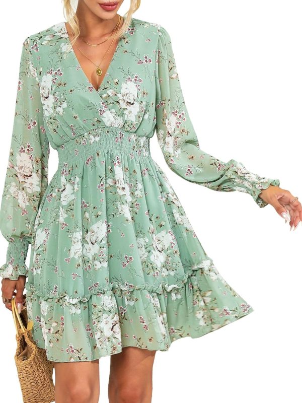 Women's Floral Chiffon Long Sleeve Mini Dress Flowy A-Line Wrap Neck Tie Back Short Dress